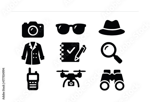 Collection of spy equipment icons including camera, sunglasses, hat, and more