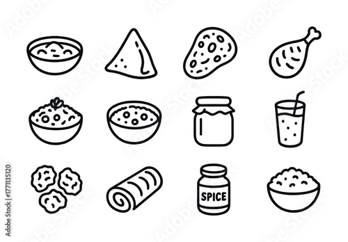 Hand-drawn food icons: snacks, dishes, and drinks in black and white outline
