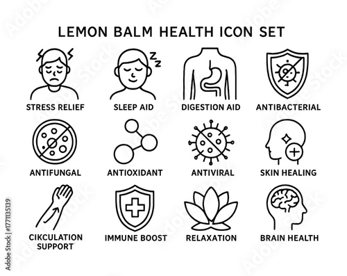 Lemon balm health benefits icon set for stress and immune support