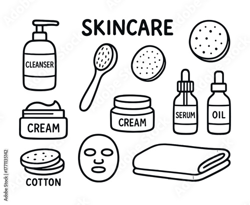 Skin care essentials: cleanser, cream, serum, oil, mask, cotton, towel