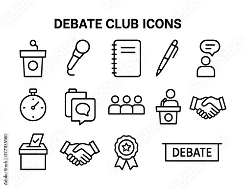 Debate club icons set with podium, microphone, notebook, pen, and discussion symbols