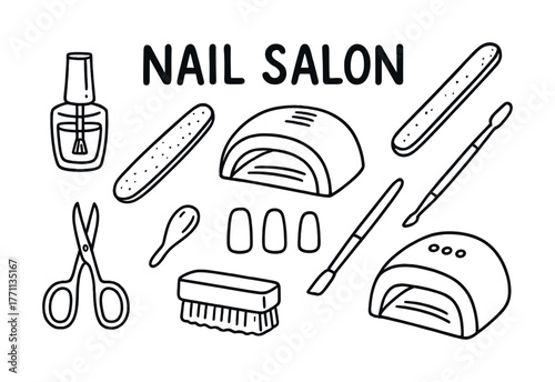 Nail salon tools illustration with uv lamps, files, and brushes