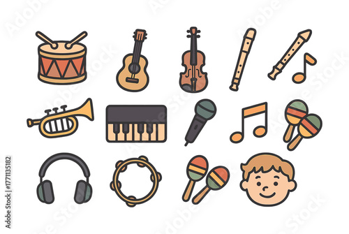 Assorted musical instruments and icons with child's face illustration