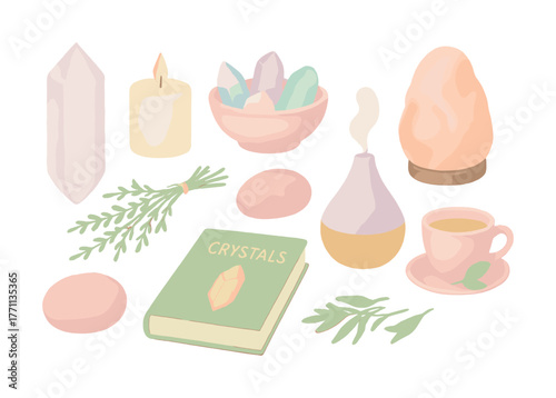 Holistic wellness items: crystals, candles, essential oils, herbal tea, spiritual book