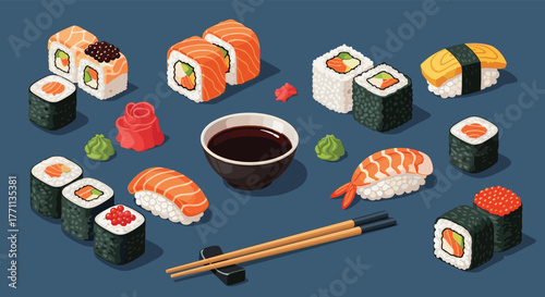 An inviting isometric spread of delicious Japanese sushi rolls, nigiri, and traditional accompaniments like soy sauce, wasabi, and ginger, ready to be enjoyed.
