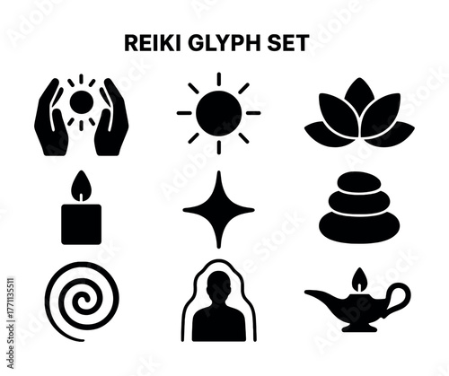 Reiki glyph set: healing symbols including hands, sun, lotus, candle, spiral
