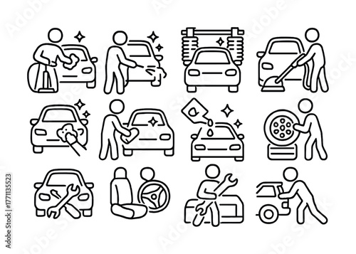 Icon set depicting car maintenance and cleaning activities