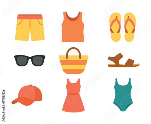Summer beachwear collection: swimwear, sunglasses, sandals, bag, hat icons