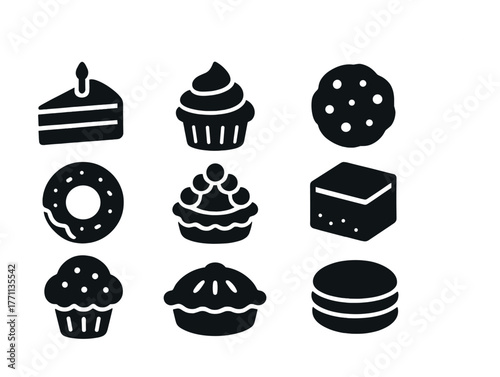 Black silhouette icons of various desserts including cake, cupcake, cookie, donut, and pie