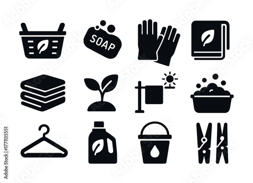 Eco-friendly laundry icons: sustainability and cleanliness symbols collection