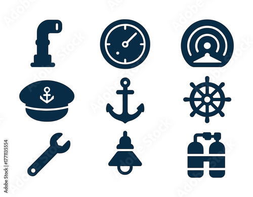 Nautical icons set: anchor, compass, helm, submarine periscope, captain hat, bell, spanner, diving tank