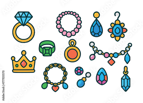 Colorful jewelry collection featuring rings, necklaces, and earrings with gemstones