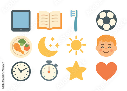 Icons collection: tablet, book, toothbrush, soccer ball, child, food, nature, time, star, heart
