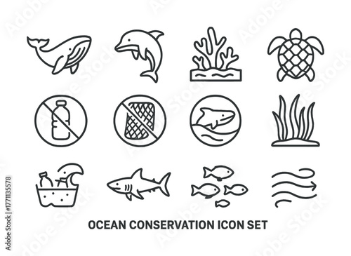 Ocean conservation icon set: marine life and pollution awareness
