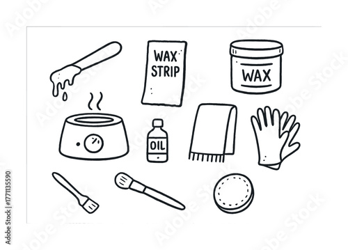 Illustrated waxing tools and accessories for hair removal