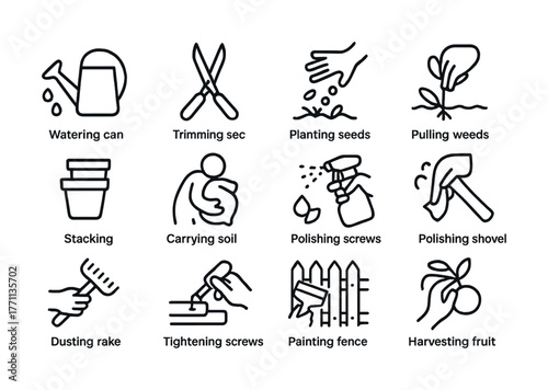 Garden tools and activities: watering, planting, harvesting, polishing, painting, stacking
