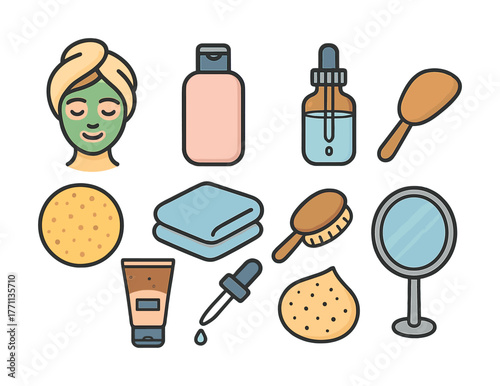 Skincare routine icons: face mask, bottles, accessories, mirror, spa essentials