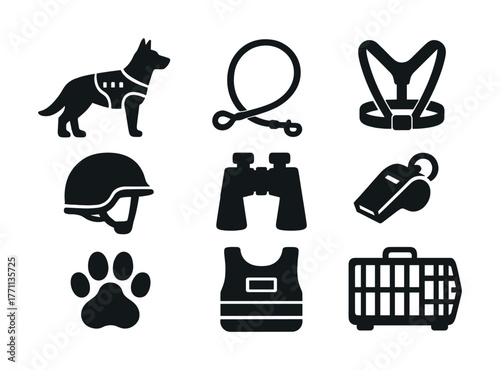 K9 equipment set: harness, leash, helmet, binoculars, whistle, and carrier icons