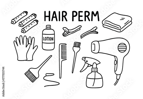 Hair perm tools and supplies with dryer, lotion, and hair rollers