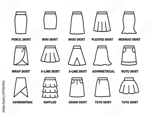 Various skirt styles: pencil, mini, maxi, pleated, mermaid, wrap, a-line, asymmetrical, ruffled, denim, tutu
