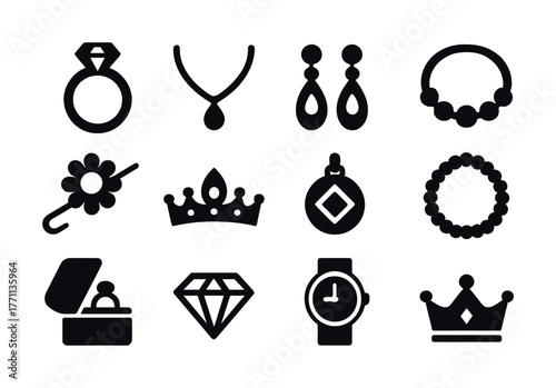 Set of jewelry icons featuring rings, necklaces, earrings, bracelets, and watches