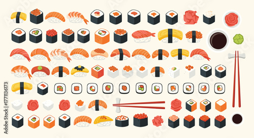 A vibrant assortment of sushi, sashimi, and maki rolls beautifully arranged with chopsticks, soy sauce, and pickled ginger on a light background.