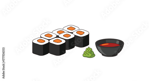 A simplified illustration of salmon maki sushi rolls served with wasabi and a dark dipping sauce in a bowl.