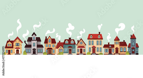 A cozy neighborhood scene featuring a charming row of houses with smoke gently rising from their chimneys, suggesting warmth and comfort.