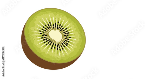 A perfectly sliced ripe kiwi fruit, showcasing its vibrant green flesh, concentric pattern of small black seeds, and fuzzy brown skin.