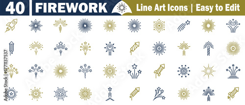 Fireworks Outline Art Icons Collection Displaying. Celebration and Sparkle, Emphasizing Holiday Event Elements in a Modern Style Design vector illustration. 