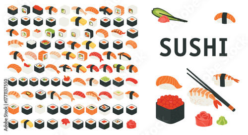 An extensive array of colorful sushi and sashimi pieces, including chopsticks, ginger, and wasabi, presented in a clean, isolated vector style.