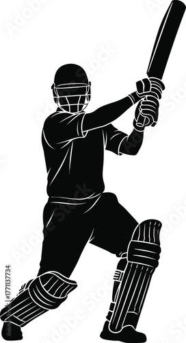 Silhouette of a cricket batsman in action with bat raised