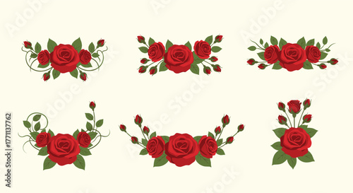 Elegant vector illustrations of various red rose bouquets and floral arrangements, perfect for decorative borders and romantic designs.