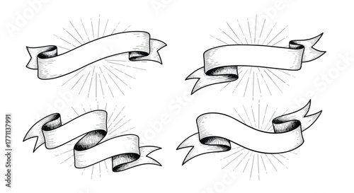 A collection of four hand-drawn vintage-style ribbon banners with radiating lines, ideal for retro design elements and labels.