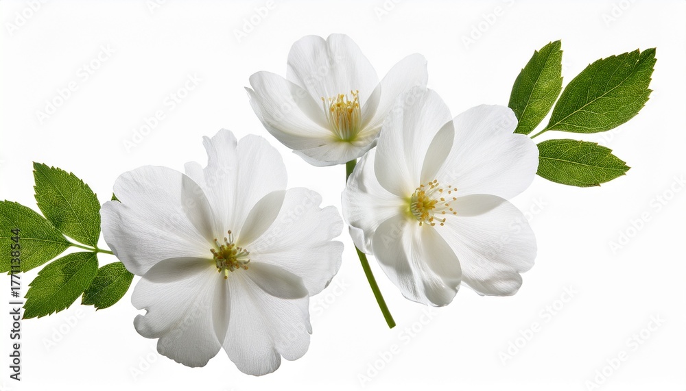 Naklejka premium Three White Wild Rose Flowers with Green Leaves