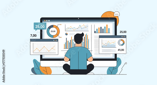 Business professional analyzing complex data on a computer dashboard with interactive charts and graphs for strategic market analysis