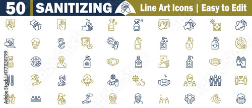 Sanitizing Icons Collection Line Art Set. Designing in a Hygiene, Cleaning, Healthcare, Protection, Safety, Medical, Disinfection, Antivirus, Germs, Health, Virus, Bacteria, Handwash, Soap, Hands. 