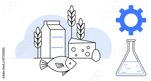 Grain, milk container, cheese, egg, fish, blue gear, beaker with liquid representing food production, agriculture, innovation research nutrition biotechnology and sustainable farming in a simple