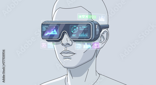 Illustration of a person using futuristic augmented reality glasses, interacting with holographic data visualizations and advanced digital interfaces, representing innovation in future technology
