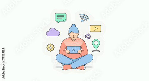 Illustration of a woman using a tablet for online communication, social media, and entertainment, surrounded by tech icons