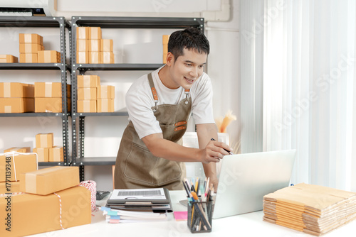Ecommerce startup business model with entrepreneur preparing goods for delivery, symbolizing teamwork, innovation, digital commerce, and sustainable growth in online retail markets.