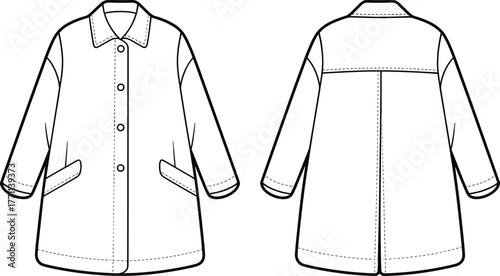 Technical flat sketch coat, fashion design template, garment construction illustration, apparel vector drawing, outerwear pattern, clothing blueprint, coat technical drawing, fashion flat