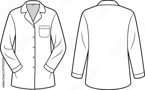 Long sleeve shirt technical fashion flat sketch, front and back view garment template, collared button down shirt with pocket, apparel design illustration vector