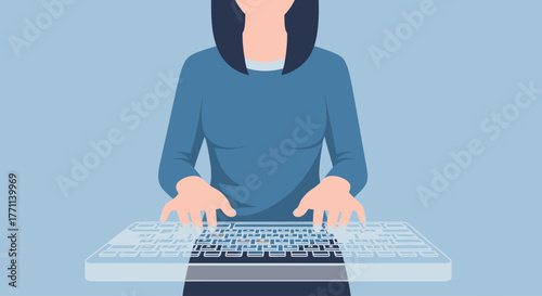 Young Woman Engaged in Digital Work, Typing on a Futuristic Transparent Keyboard within an Advanced Technological Environment, Showcasing Modern Office Productivity and Innovative User Interaction