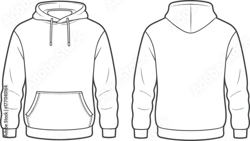 Blank hoodie technical sketch, front and back view, fashion flat drawing, kangaroo pocket, drawstring hood, apparel design, garment template, outline