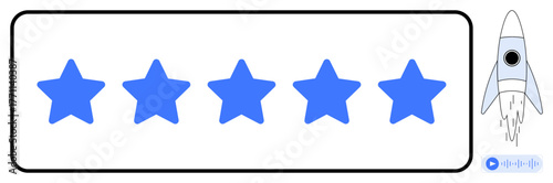 Blue five-star rating beside a rising rocket symbolizing excellence, progress, and success. Ideal for quality, growth, achievement, innovation, customer service branding and feedback themes. A