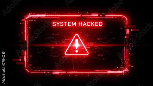 System hacked alert with red warning sign and cybersecurity breach animation