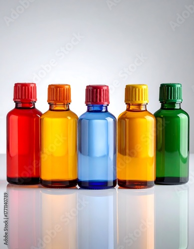 Five colorful glass bottles with different colored lids in a row
