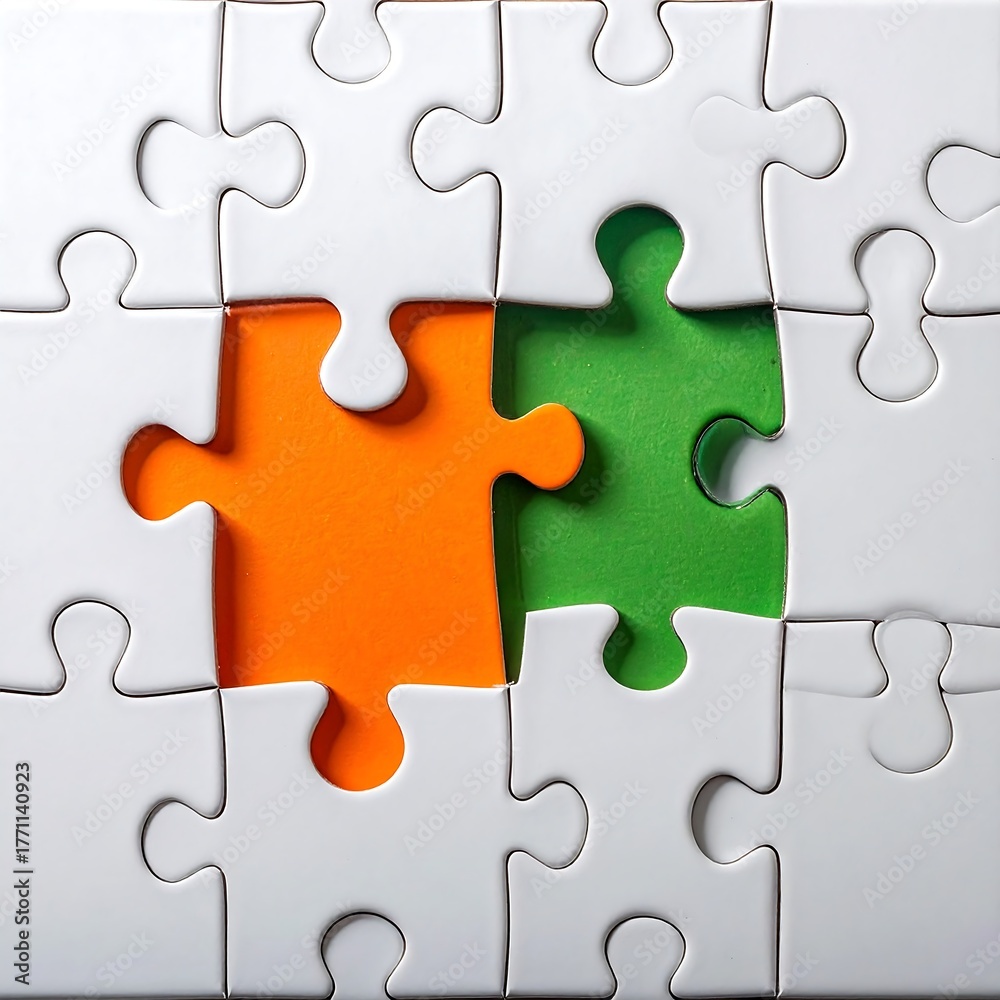 Fototapeta premium White puzzle pieces with orange and green background filling missing spaces
