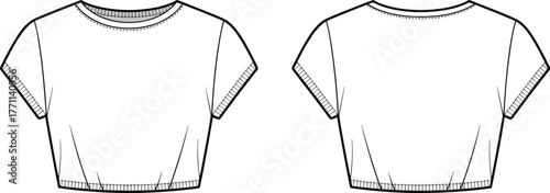 Cropped t-shirt technical flat, short sleeve knit top front and back view fashion apparel cad drawing